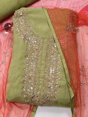 Neck Embroidered Chinnon Unstitched Suit Piece With Dupatta