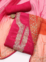 Neck Embroidered Chinnon Unstitched Suit Piece With Dupatta