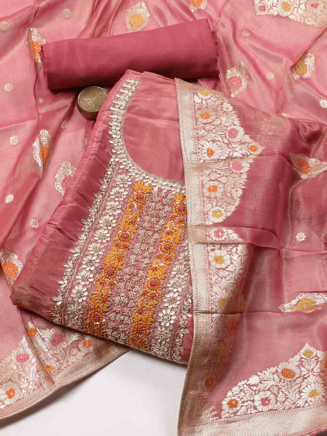 Neck Embroidered Chinnon Unstitched Suit Piece With Printed Dupatta