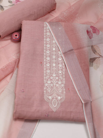 Neck Embroidered Linen Unstitched Suit Piece With Dupatta