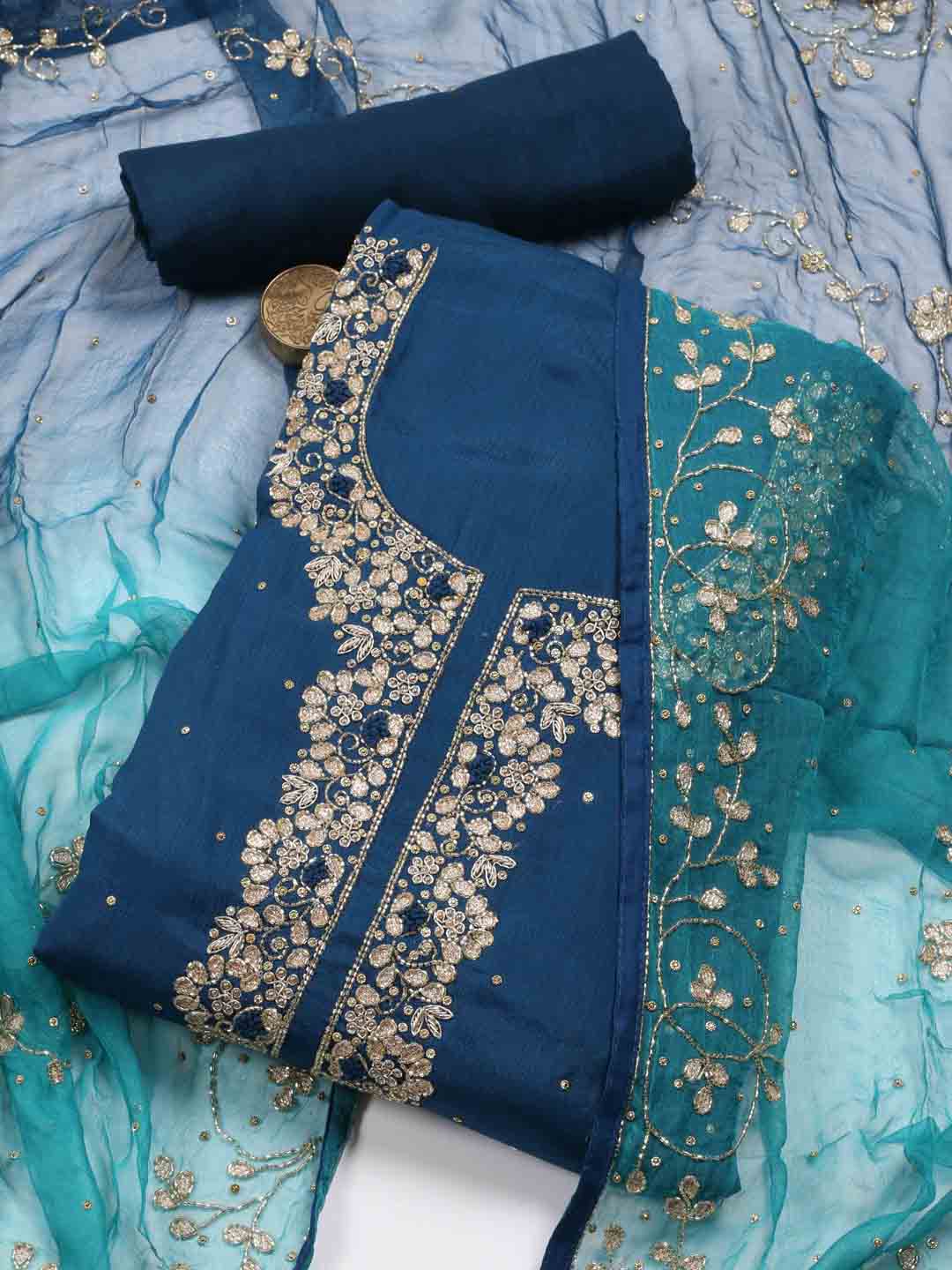 Neck Embroidery Chinnon Unstitched Suit Piece With Printed Dupatta