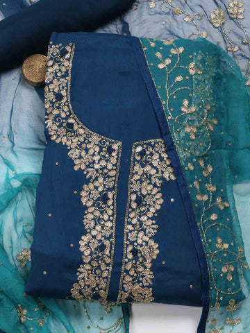 Neck Embroidery Chinnon Unstitched Suit Piece With Printed Dupatta