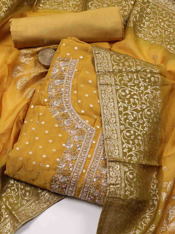 Neck Embroidery Organza Unstitched Suit Piece With Printed Dupatta