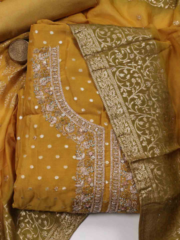 Neck Embroidery Organza Unstitched Suit Piece With Printed Dupatta