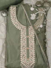 Neck Embroidered Chanderi Unstitched Suit Piece With Dupatta