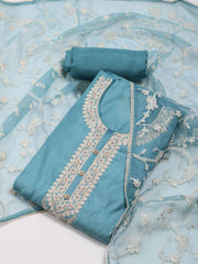 Neck Embroidered Chanderi Unstitched Suit Piece With Dupatta