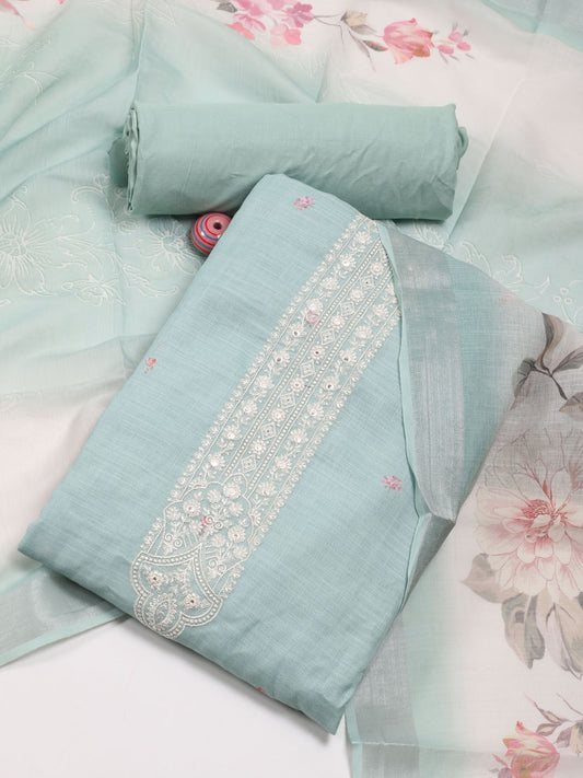 Neck Embroidered Linen Unstitched Suit Piece With Dupatta