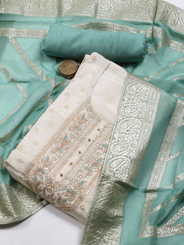 Neck Patti Chanderi Unstitched Suit Piece With Dupatta