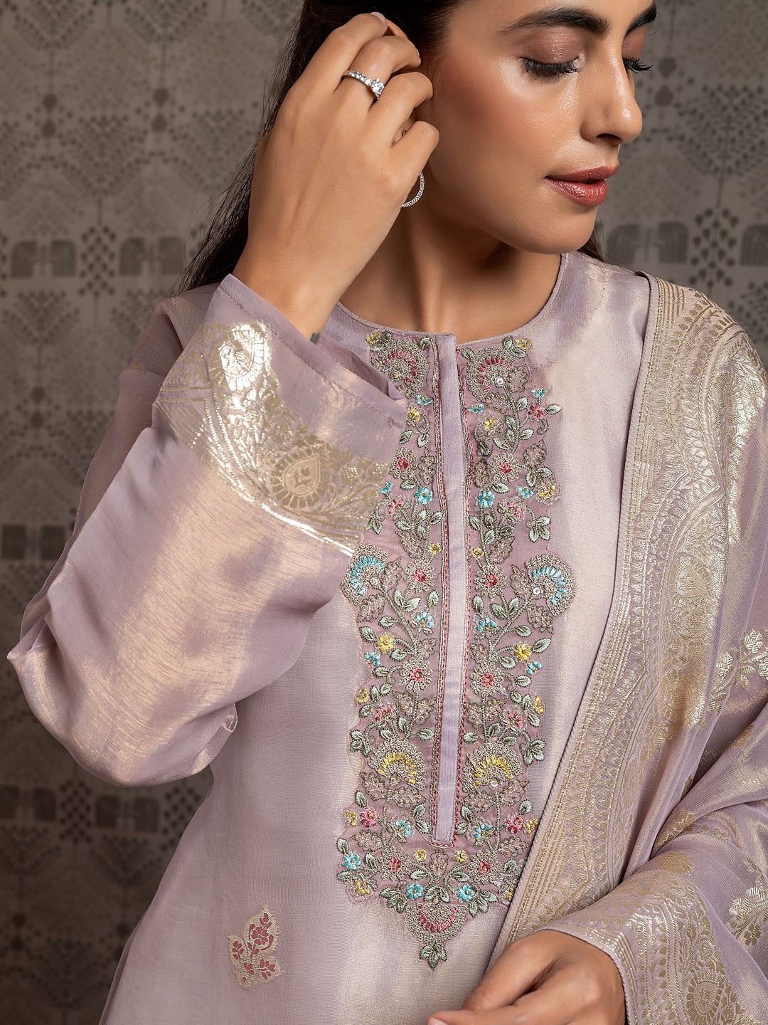 Floral Woven Tissue Unstitched Suit Piece With Dupatta