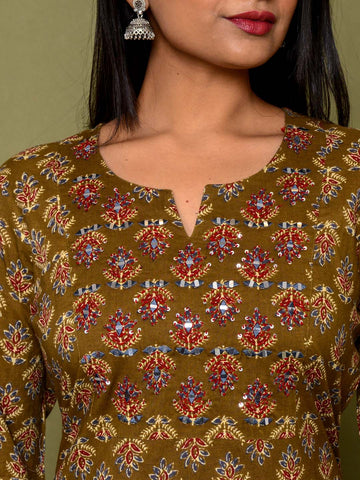 Embroidered Straight Cotton Kurta Set With Pants & Dupatta