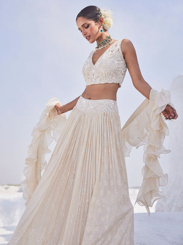 Sequin Embroidered Georgette Choli With Lehenga & Dupatta