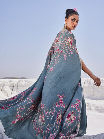 Digital Floral Printed Crepe Gown With Cape