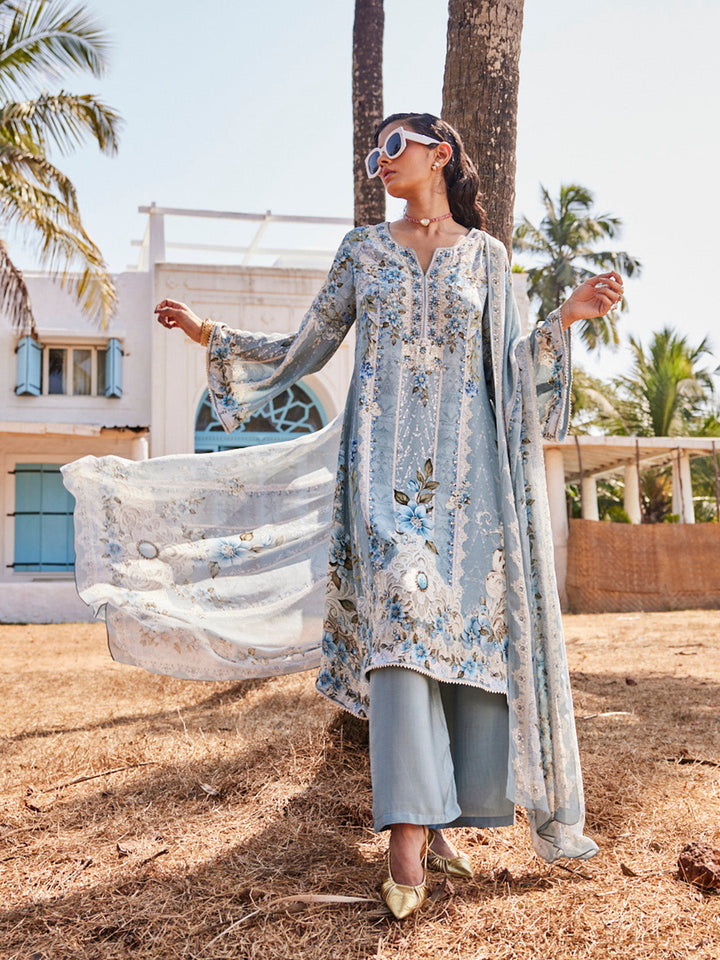 Digital Printed Georgette Kurta With Palazzo &amp; Dupatta