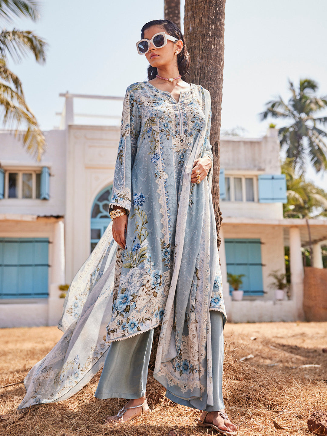 Digital Printed Georgette Kurta With Palazzo &amp; Dupatta