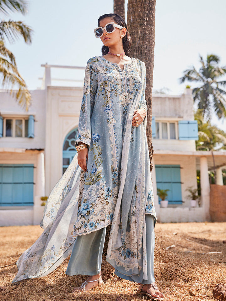 Digital Printed Georgette Kurta With Palazzo &amp; Dupatta