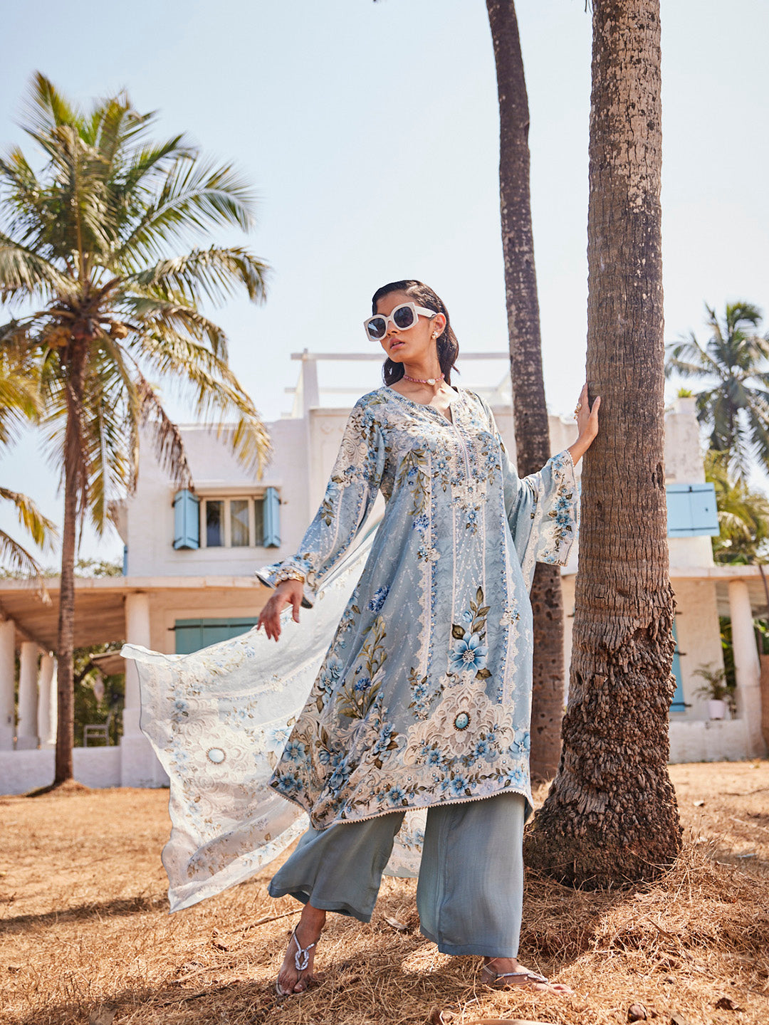 Digital Printed Georgette Kurta With Palazzo &amp; Dupatta