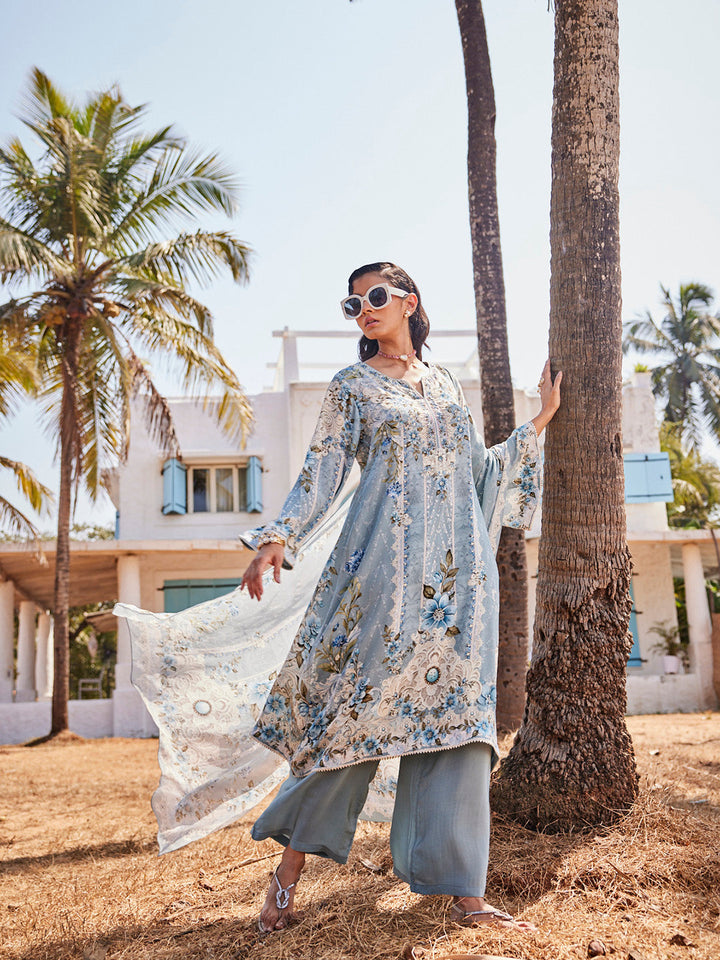 Digital Printed Georgette Kurta With Palazzo &amp; Dupatta