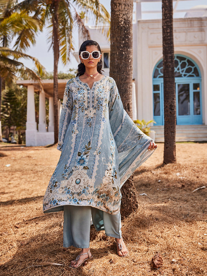 Digital Printed Georgette Kurta With Palazzo &amp; Dupatta