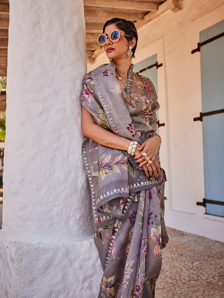 Digital Floral Printed Organza Saree
