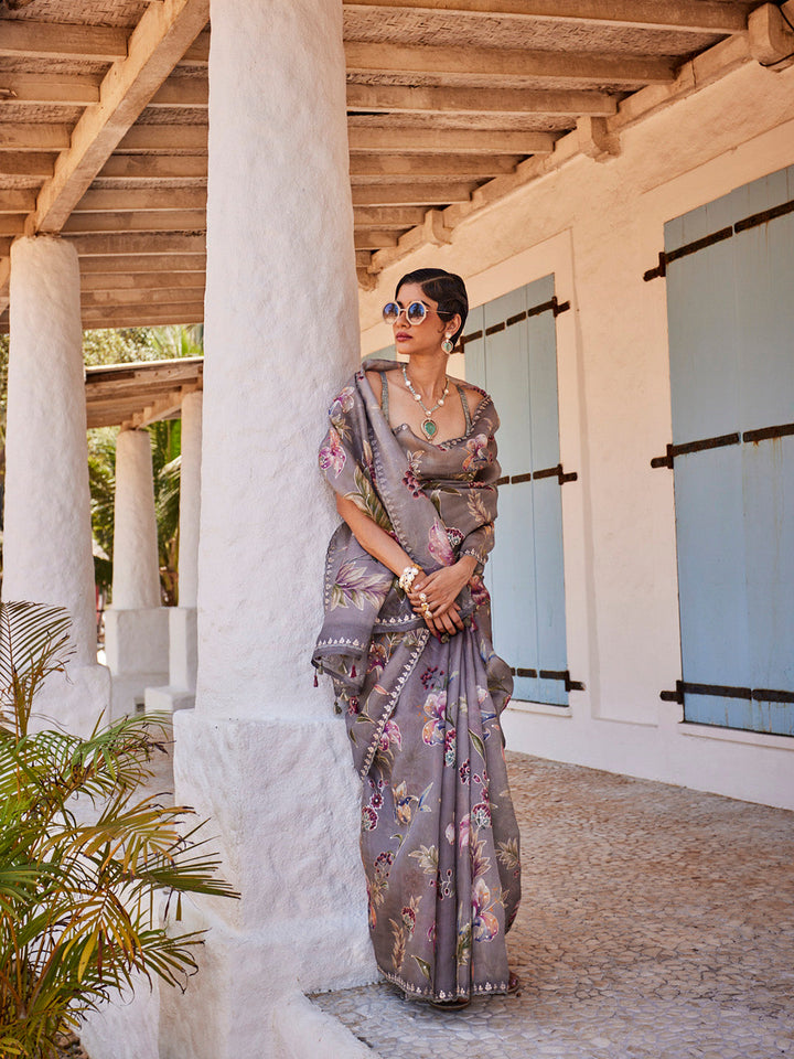 Digital Floral Printed Organza Saree