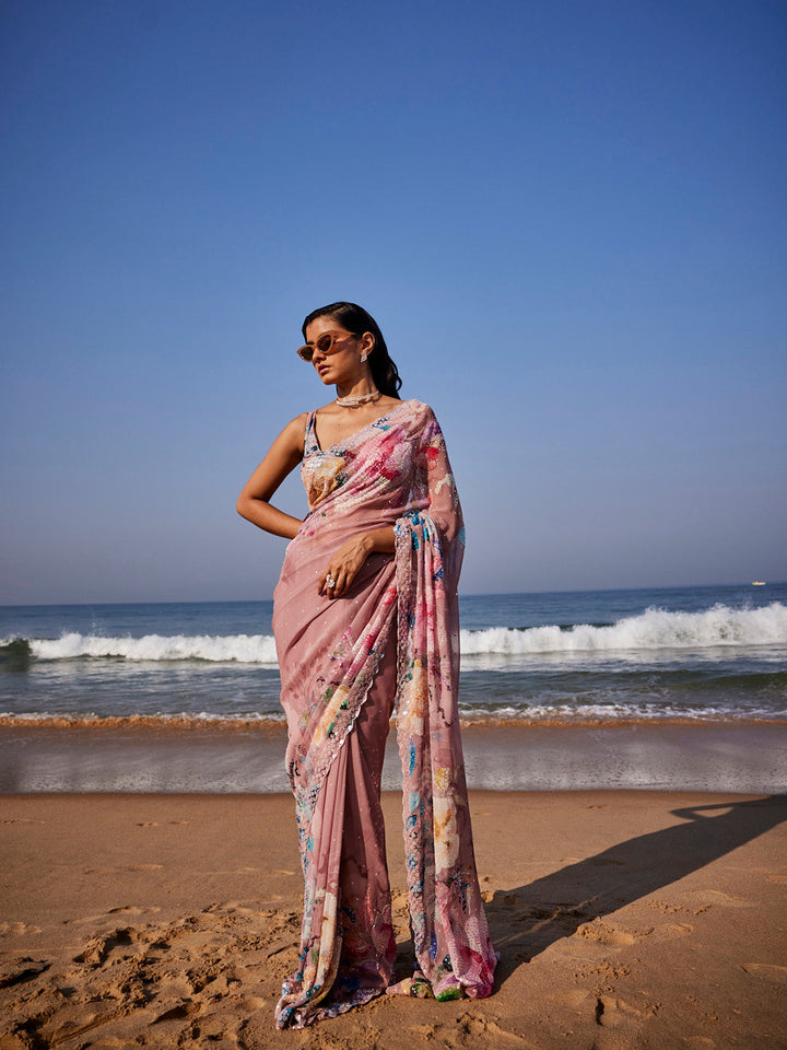 Sequin Work Printed Georgette Saree