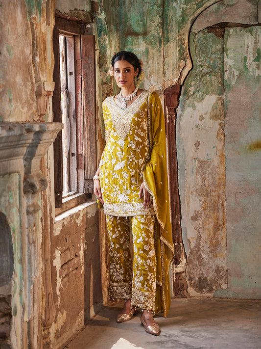 Parsi Jaal Embroidery Georgette Kurti With Pants & Dupatta