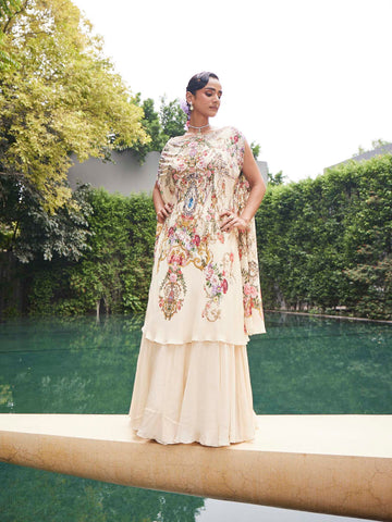 Floral Printed Crepe Choli With Lehenga & Dupatta