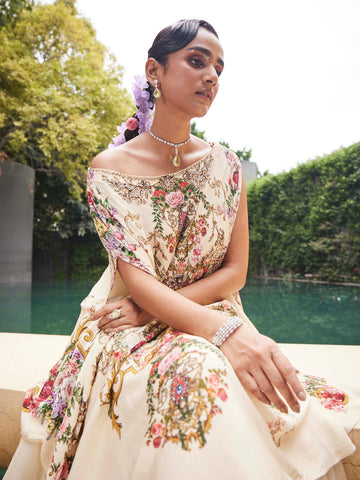Floral Printed Crepe Choli With Lehenga & Dupatta