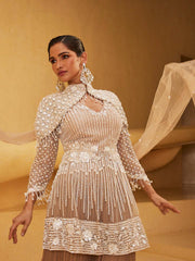 Embroidered Net Kurti With Palazzo & Dupatta