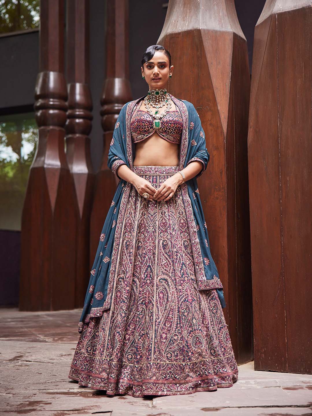 Embroidered Georgette Choli With Lehenga & Dupatta