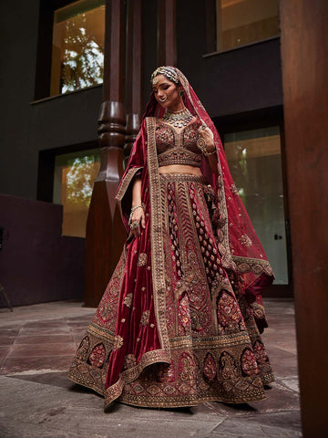 Velvet Maroon Embroidered Wedding Lehenga Choli with Dupatta - LC4648