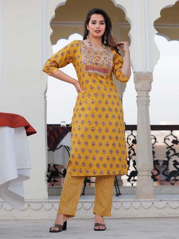 Neck Embroidered & Printed Cotton Kurta With Pants