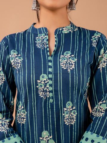 Floral Printed Blue Cotton Kurta