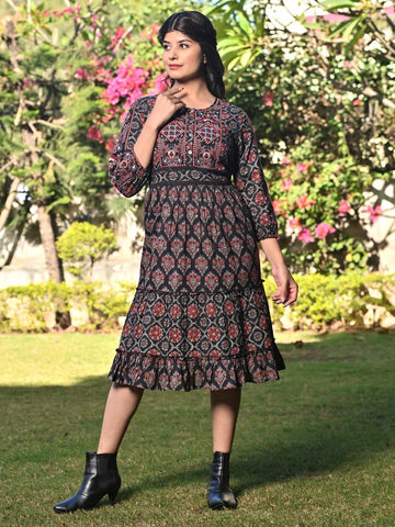 Printed & Neck Embroidered Cotton Dress