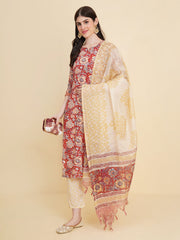 Floral Printed Cotton Kurta With Pants & Dupatta