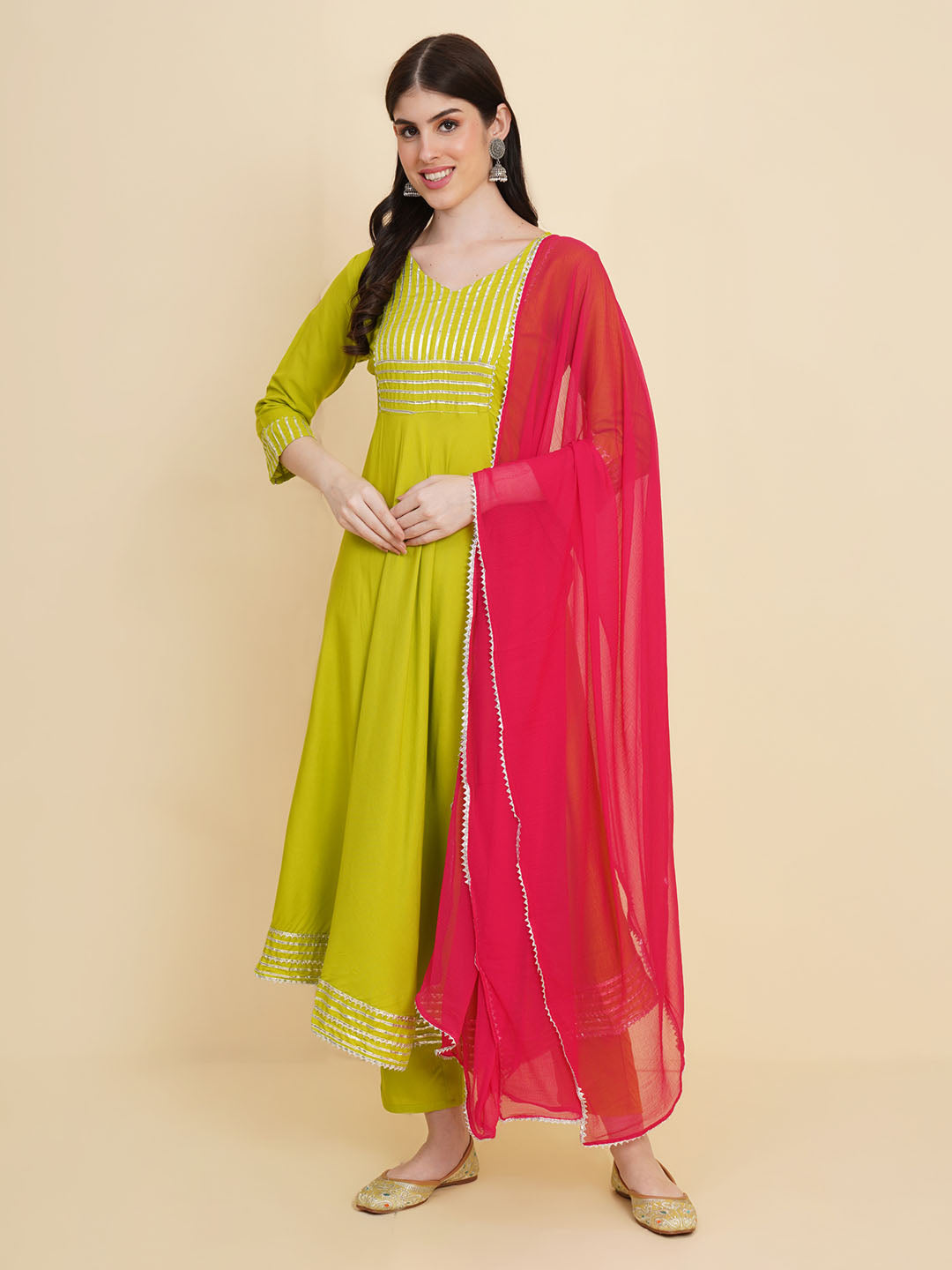 Gota Patti Cotton Anarkali Kurta With Pants & Dupatta
