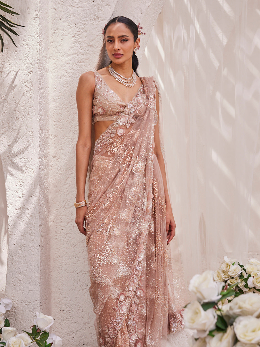 Cutdana &amp; Sequin Work Embroidery Net Saree