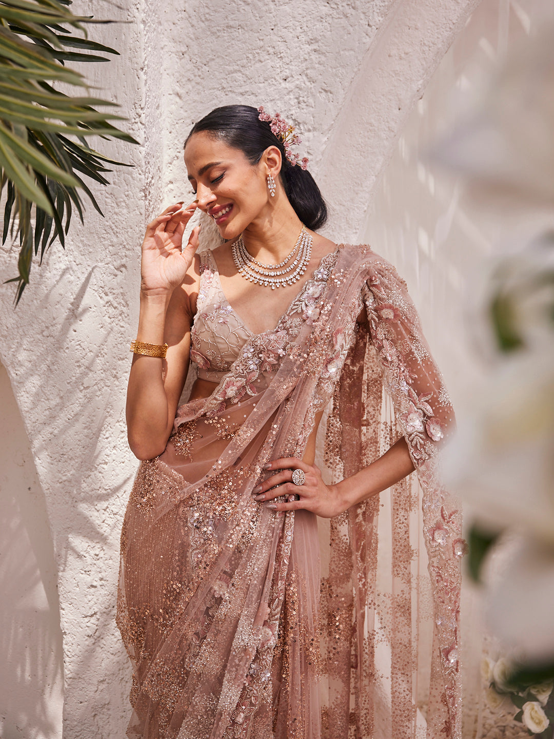 Cutdana &amp; Sequin Work Embroidery Net Saree