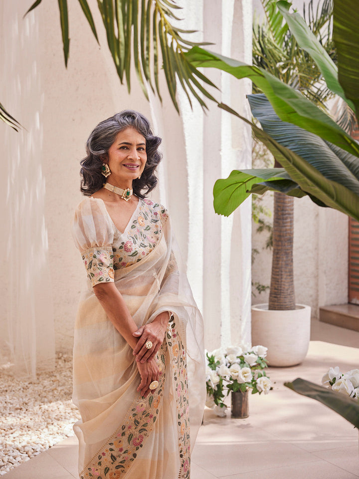 Plain Embroidered Border Tissue Saree