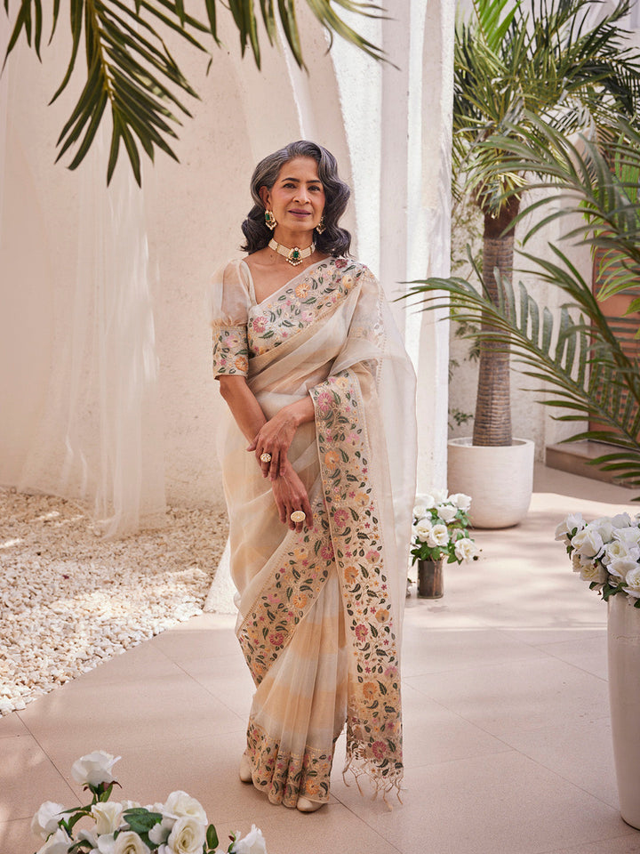 Plain Embroidered Border Tissue Saree