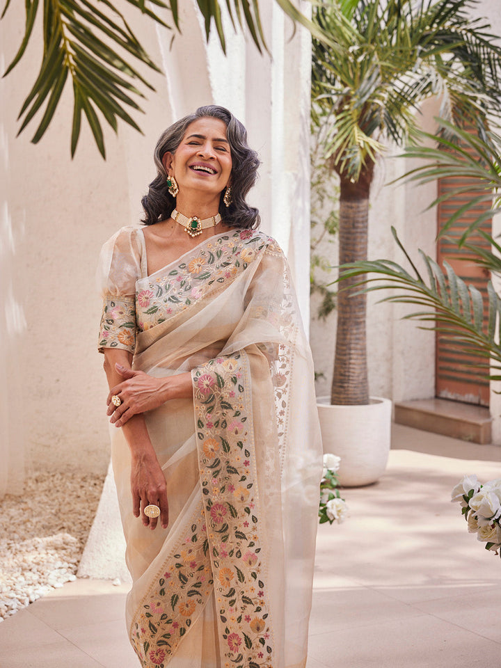 Plain Embroidered Border Tissue Saree