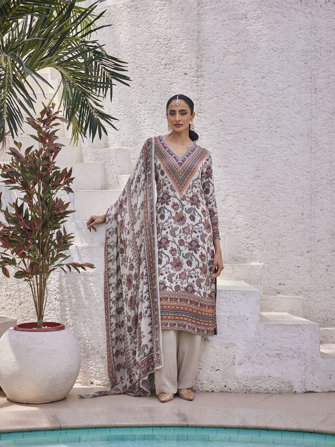 Digital Floral Printed Crepe Kurta With Palazzo &amp; Dupatta