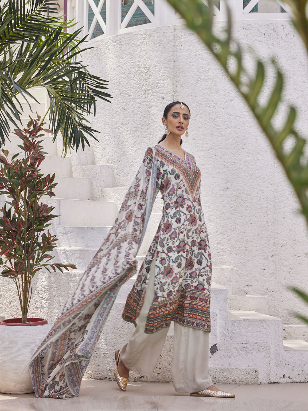 Digital Floral Printed Crepe Kurta With Palazzo &amp; Dupatta