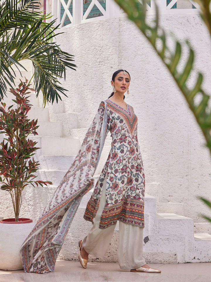 Digital Floral Printed Crepe Kurta With Palazzo &amp; Dupatta