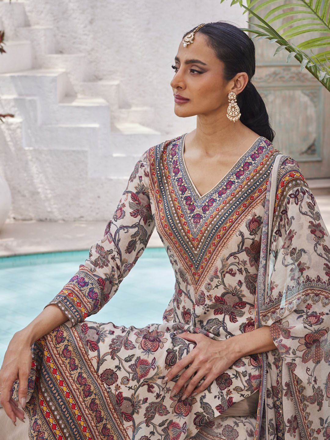 Digital Floral Printed Crepe Kurta With Palazzo &amp; Dupatta