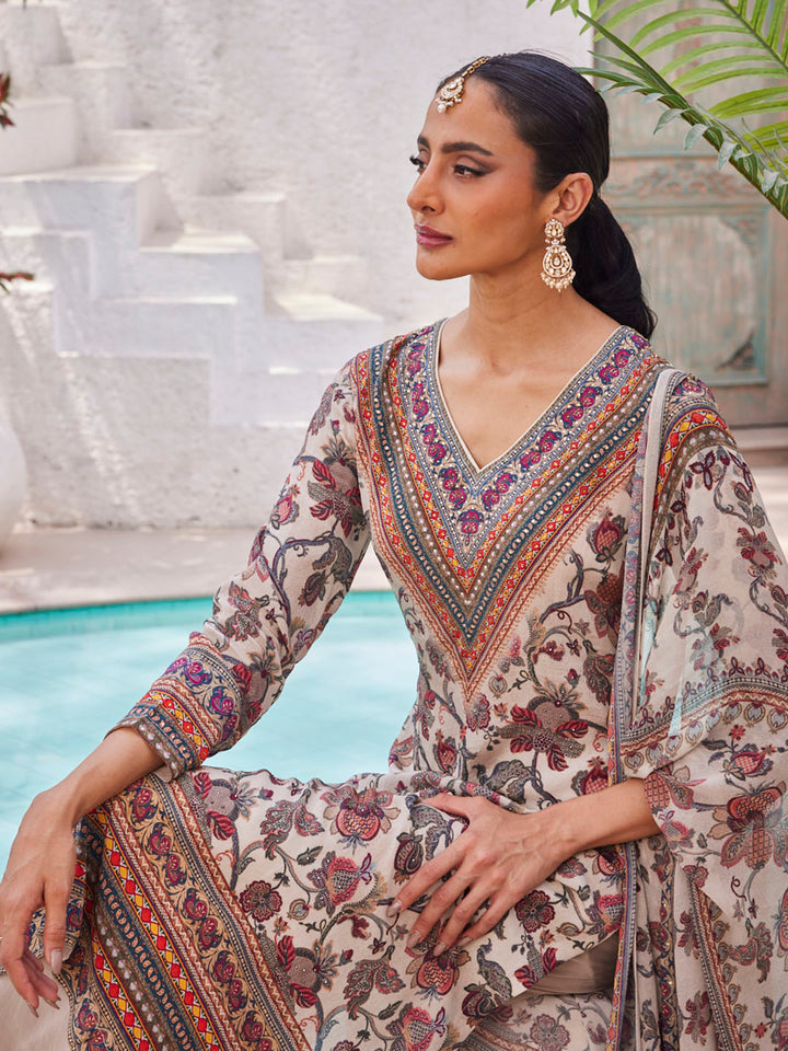 Digital Floral Printed Crepe Kurta With Palazzo &amp; Dupatta