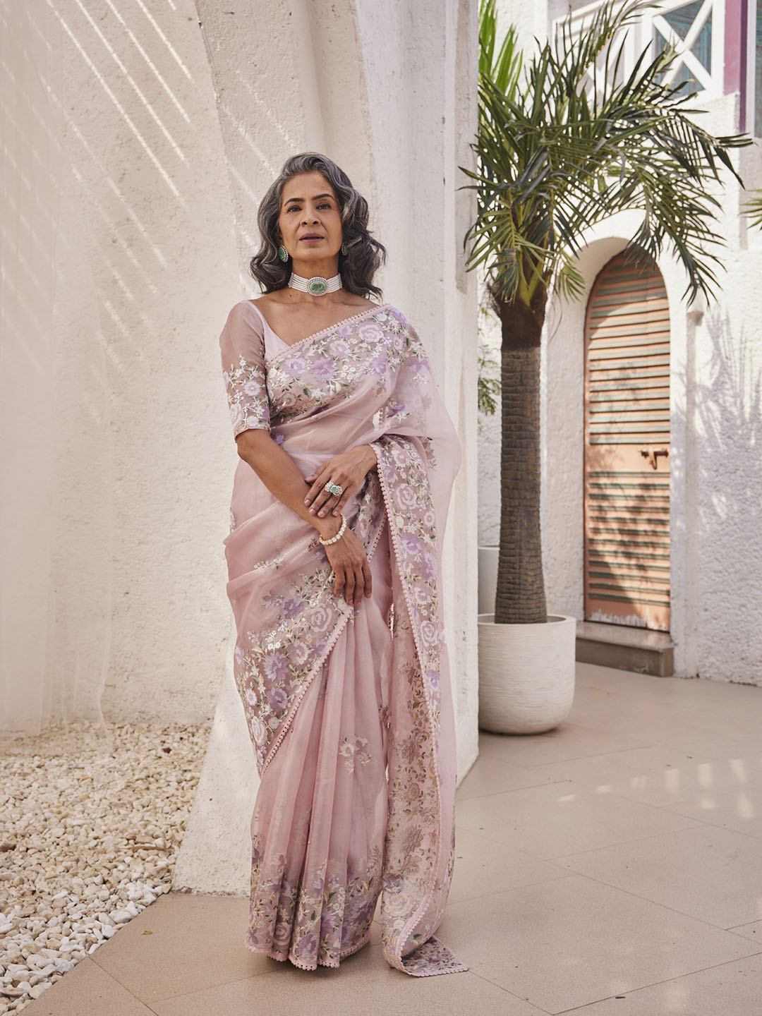 Resham Embroidered Border Tissue Saree