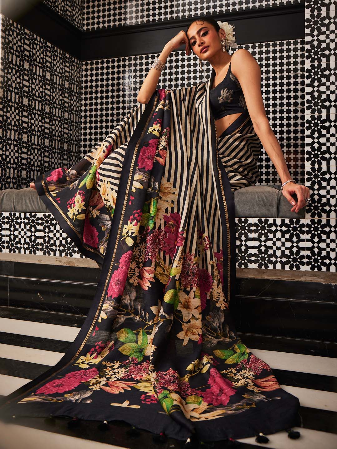 Digital Floral Printed Stripes Tussar Saree