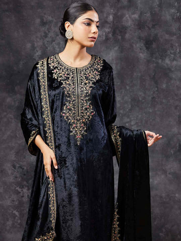 Neck Embroidered Velvet Unstitched Suit Piece With Dupatta