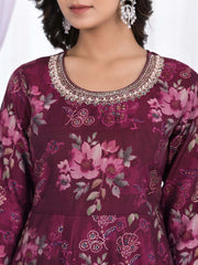 Neck Embroidered Printed Chanderi Kurta With Pants & Dupatta